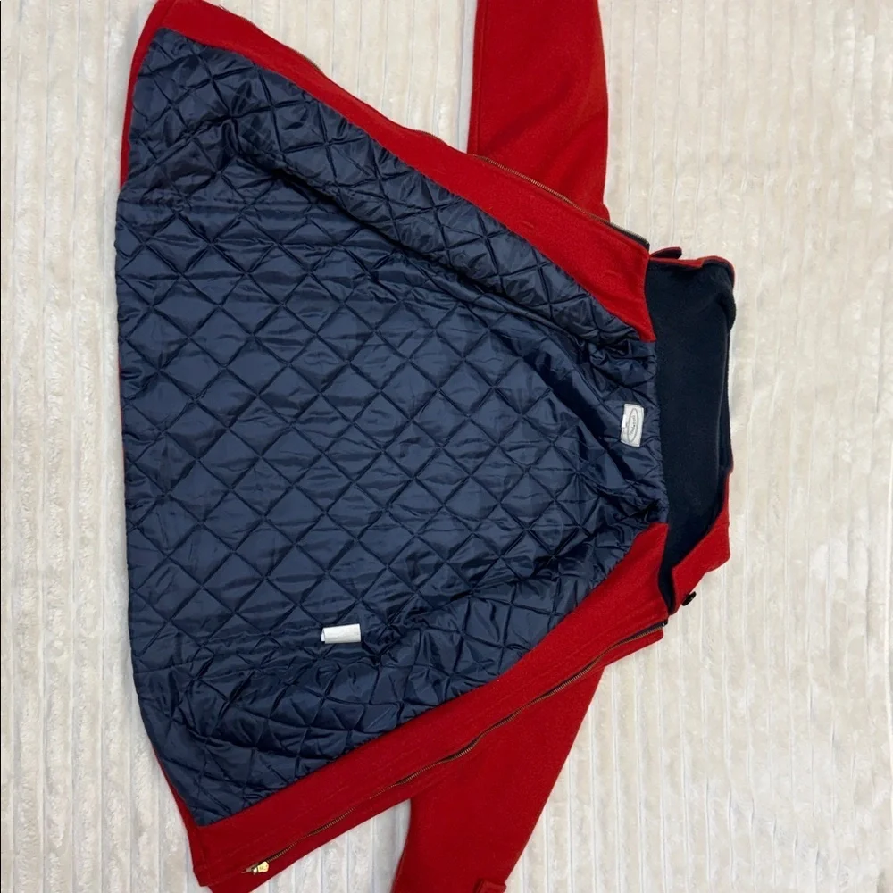 Petit Poids: Girls Red Wool Pea Coat with Floral Embroidery, Size 12